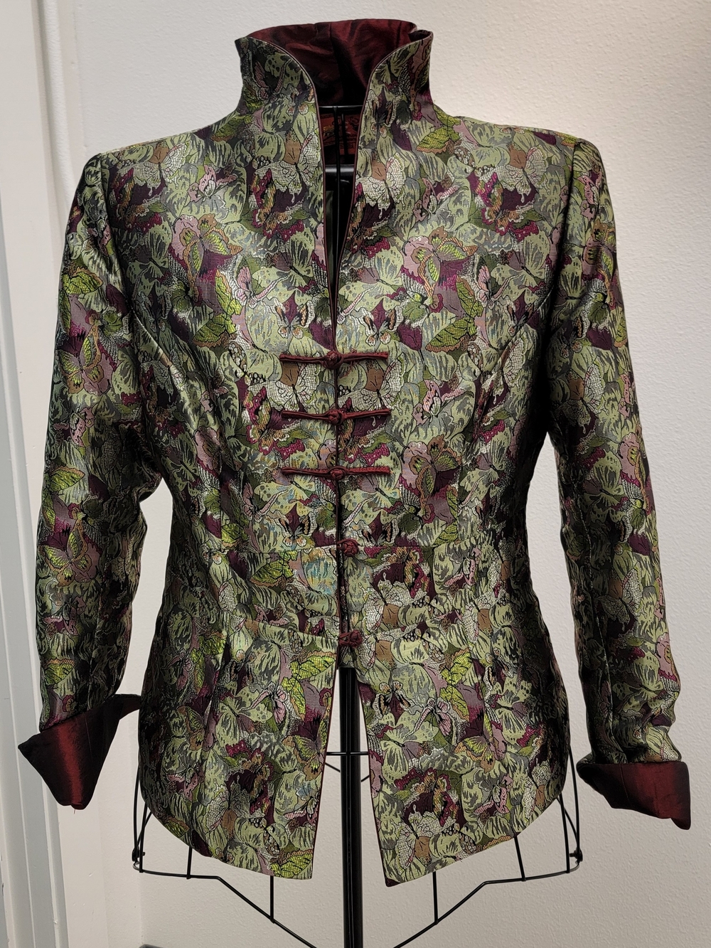 Floral Brocade Mandarin Collar Jacket in Green & Burgundy